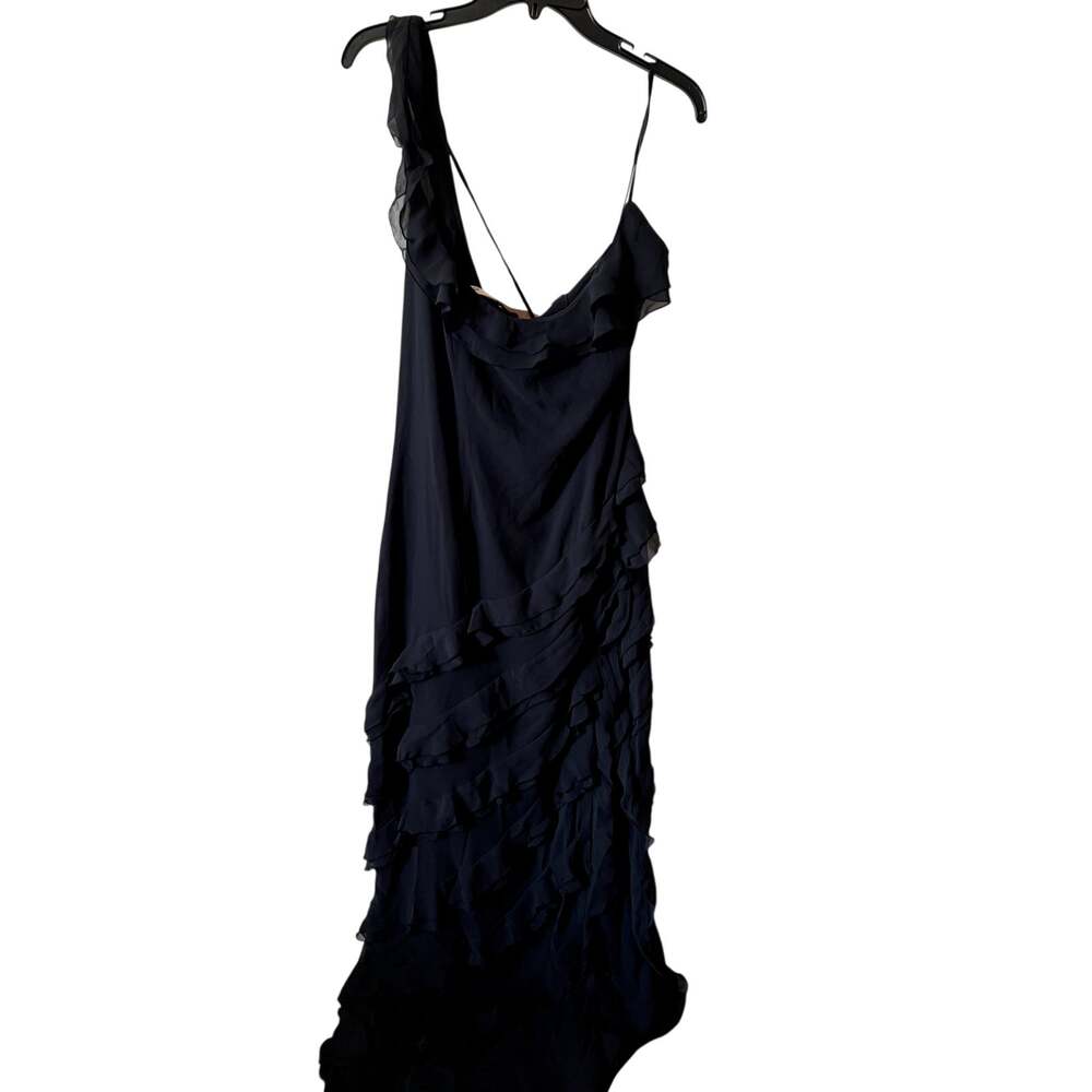 Oh Polly Maxi Ruffled Dress Size 14 Black Sleeveless High Slit Lace Up Back New